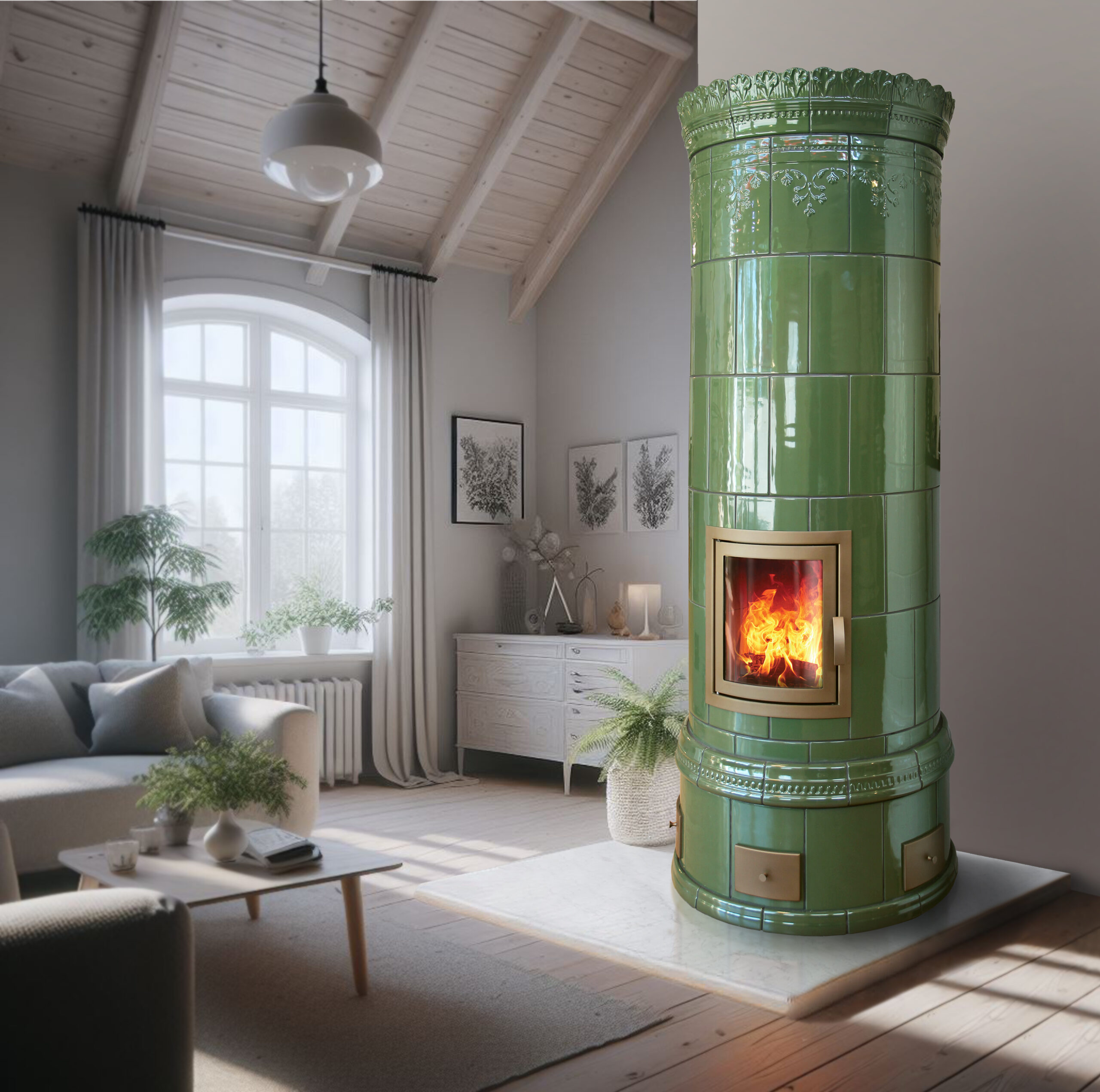 Warma-Uunit Kruunattu Aulikki Kakluuni varaava takka | Warma-Uunit Crowned Aulikki Kakluuni heat-storing round tiled fireplace