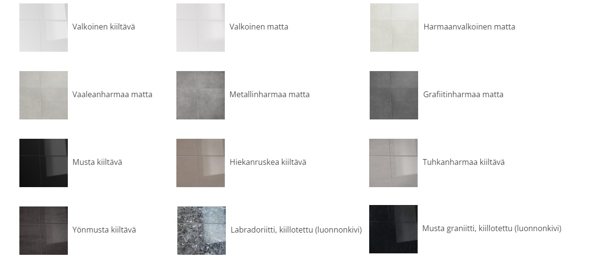 Warma-Uunit Eerik etulaatan kaakelin värivaihtoehdot | Warma-Uunit Eerik fireplace front tile options