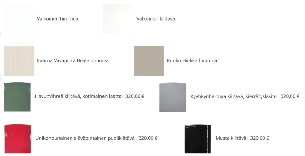 Warma-Uunit Serafiina ja Sofia kaakelin värivaihtoehdot | Warma-Uunit Serafiina and Sofia fireplace tile options